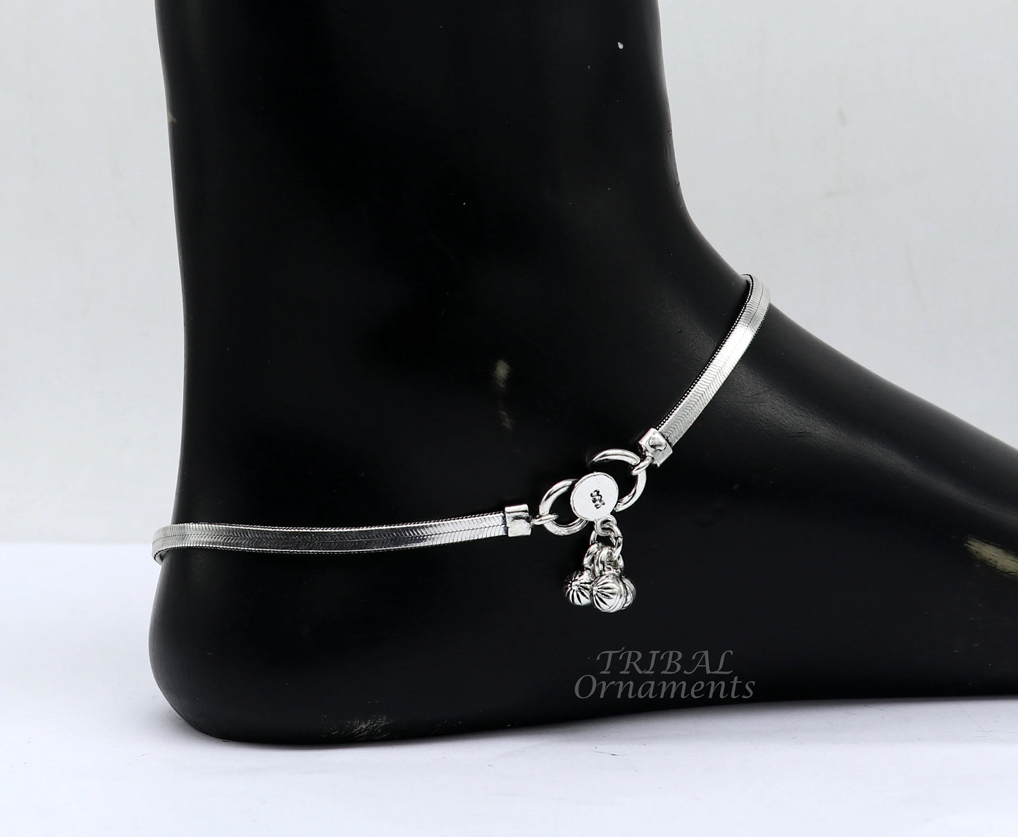 Silver 10.5-inch handmade 3mm flat wheat chain ankle bracelet with vintage charm, tribal belly dance jewelry by TRIBAL ORNAMENTS.