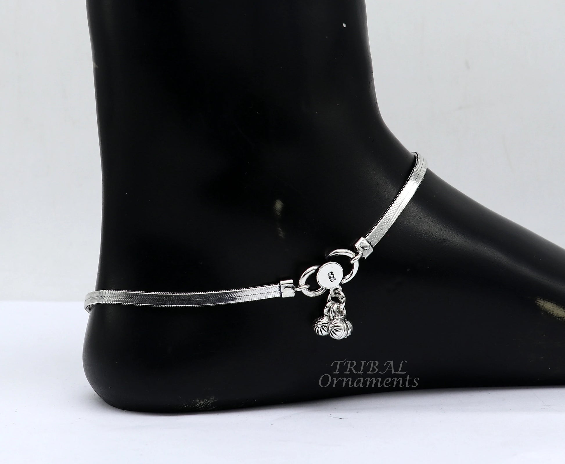 Silver 10.5-inch handmade 3mm flat wheat chain ankle bracelet with vintage charm, tribal belly dance jewelry by TRIBAL ORNAMENTS.