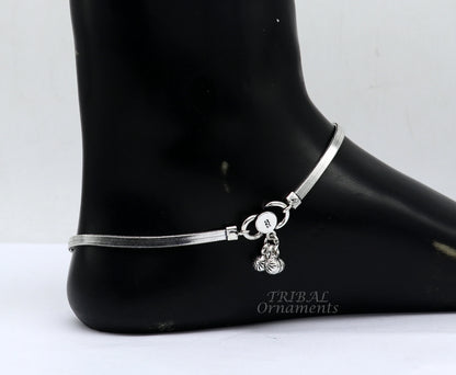 Silver 10.5-inch handmade 3mm flat wheat chain ankle bracelet with vintage charm, tribal belly dance jewelry by TRIBAL ORNAMENTS.