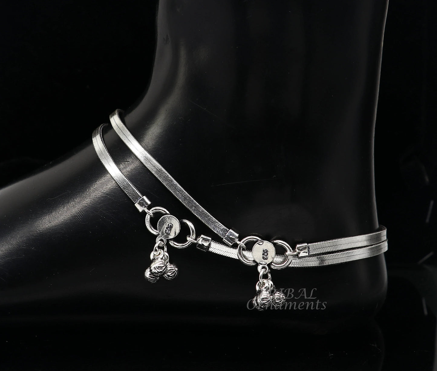 Silver 10.5-inch handmade 3mm flat wheat chain ankle bracelet with vintage-style charm, tribal belly dance jewelry by TRIBAL ORNAMENTS.