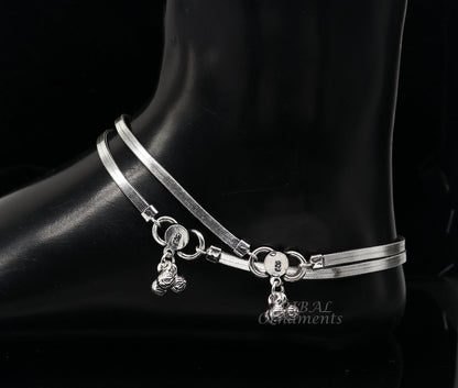 Silver 10.5-inch handmade 3mm flat wheat chain ankle bracelet with vintage-style charm, tribal belly dance jewelry by TRIBAL ORNAMENTS.