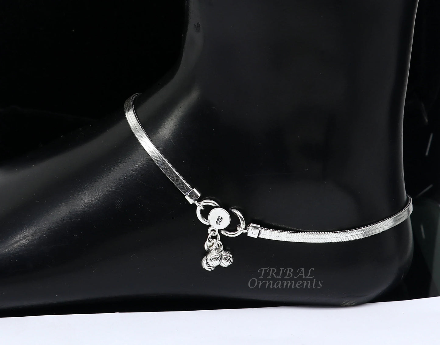 10.5-inch handmade 925 silver flat wheat chain ankle bracelet with vintage charm, tribal belly dance jewelry, tribal ornaments ank560