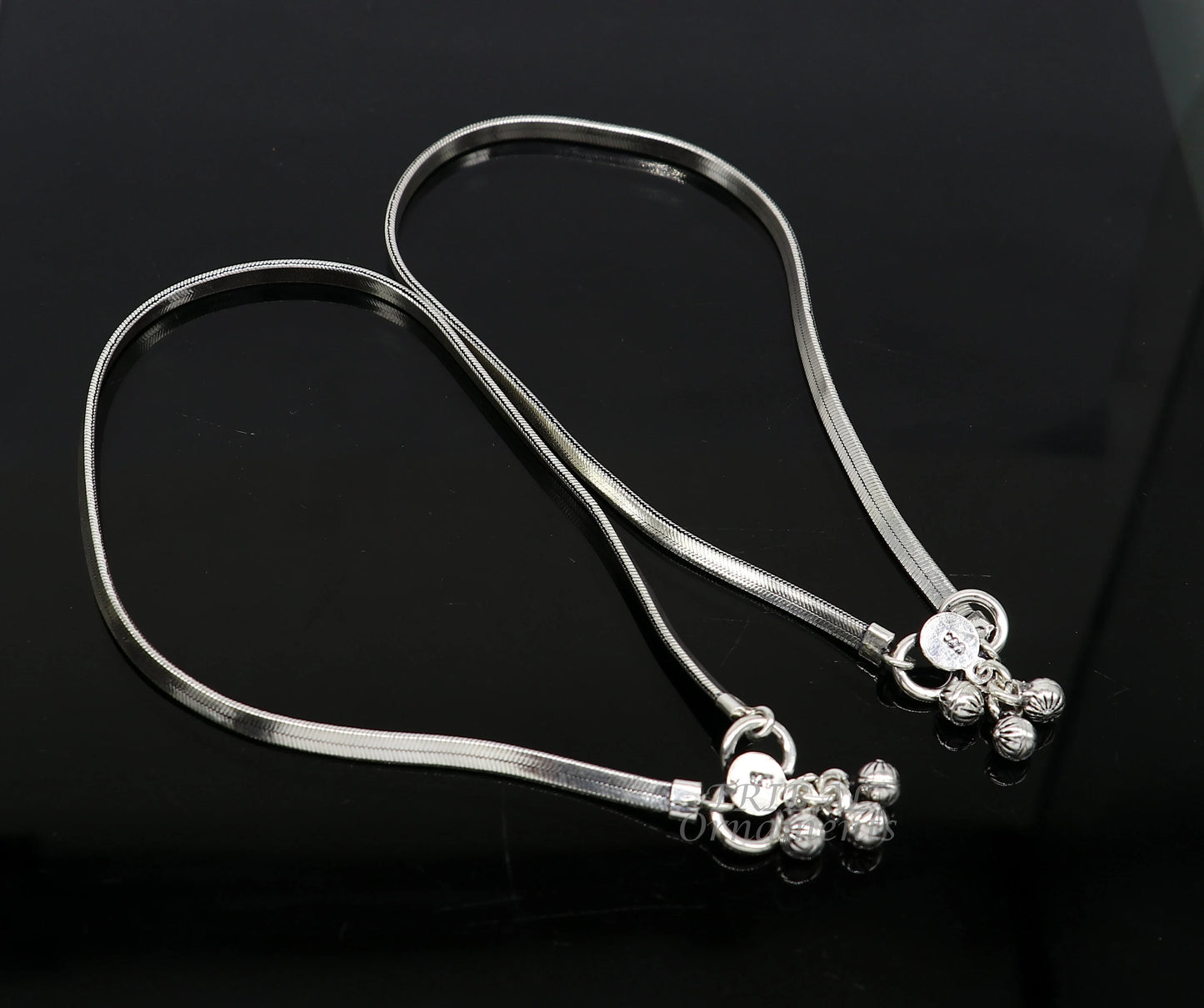 Handmade 10.5-inch 925 solid silver flat wheat chain ankle bracelet with vintage-style tribal charms and belly dance jewelry accents.