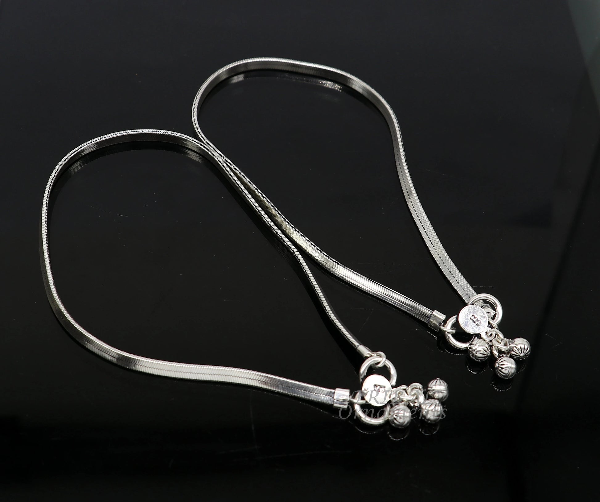 Handmade 10.5-inch 925 solid silver flat wheat chain ankle bracelet with vintage-style tribal charms and belly dance jewelry accents.