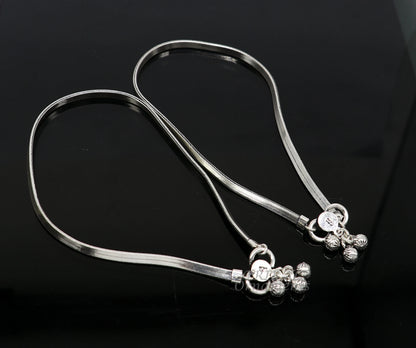 Handmade 10.5-inch 925 solid silver flat wheat chain ankle bracelet with vintage-style tribal charms and belly dance jewelry accents.