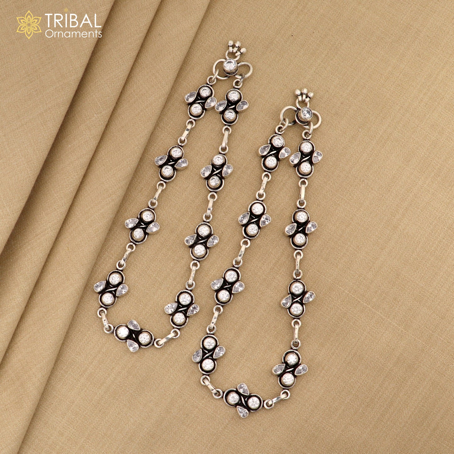 10.5" 925 sterling silver antique design white stone anklets foot bracelet ,ankle bracelet jewelry ank708 - TRIBAL ORNAMENTS