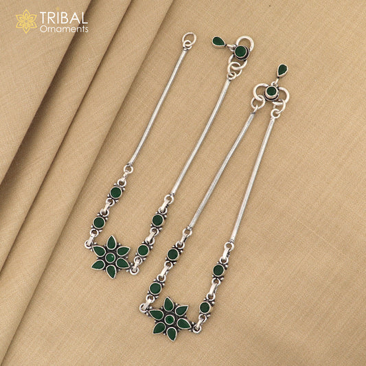 10.5" 925 sterling silver flower design green color stone anklets foot bracelet ,ankle bracelet jewelry ank701 - TRIBAL ORNAMENTS