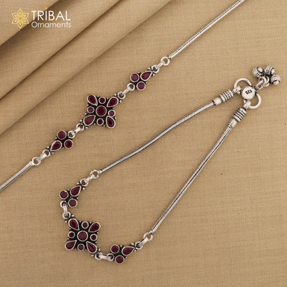Sterling silver flower design anklet with pink stones, tribal ornaments foot bracelet jewelry, 10.5-inch ankle bracelet for women