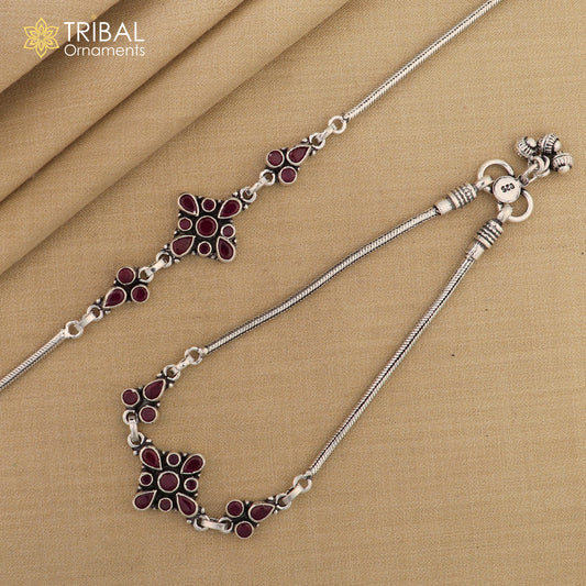 10.5" 925 sterling silver flower design pink stone anklets foot bracelet ,ankle bracelet jewelry ank671 - TRIBAL ORNAMENTS