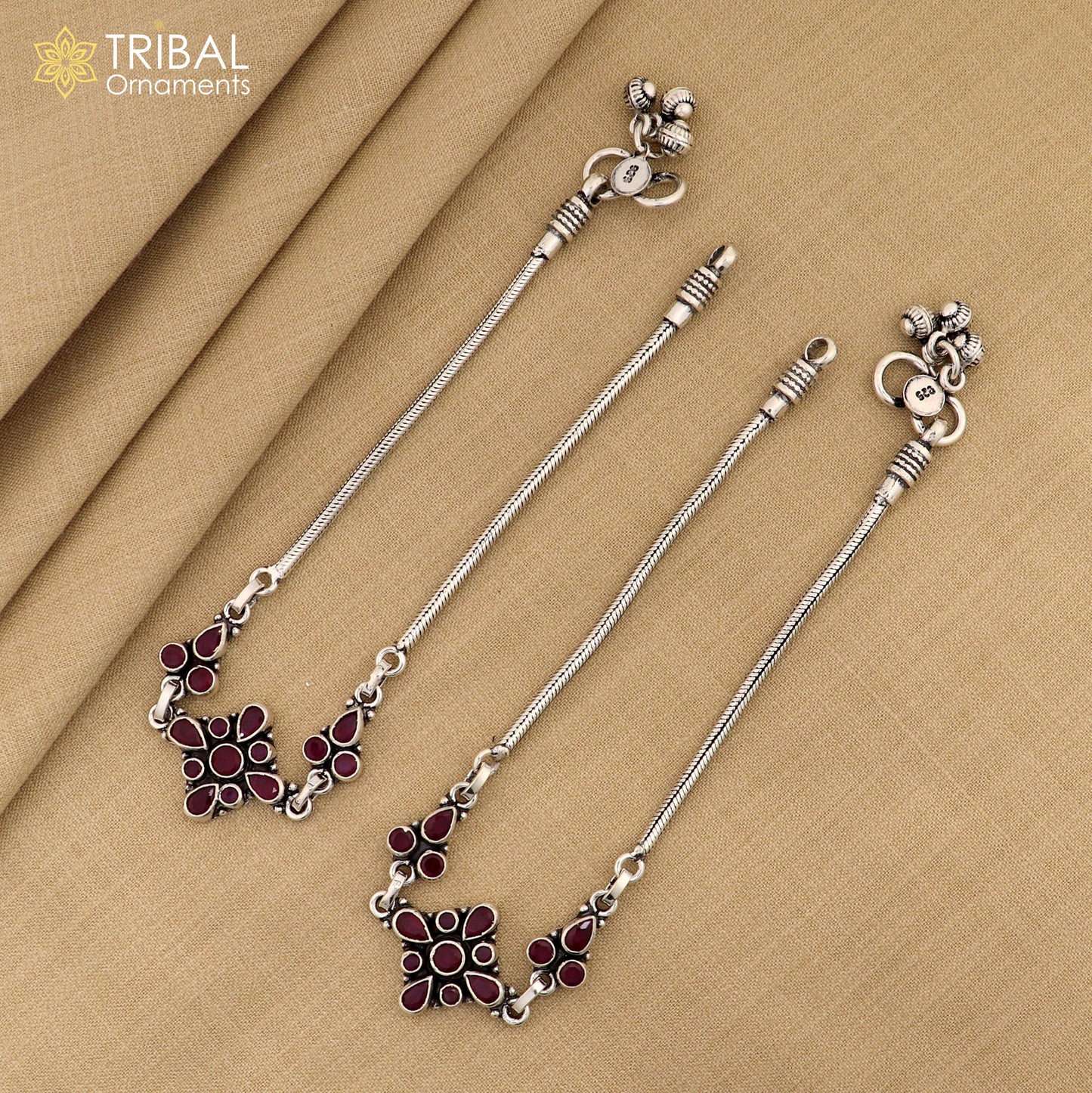 10.5" 925 sterling silver flower design pink stone anklets foot bracelet ,ankle bracelet jewelry ank671 - TRIBAL ORNAMENTS