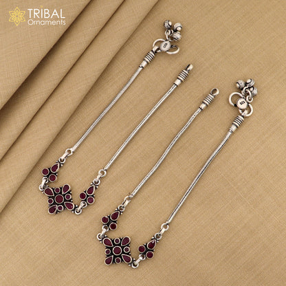 Sterling silver ankle bracelet with pink stone flower design, tribal ornaments jewelry foot bracelet for women.