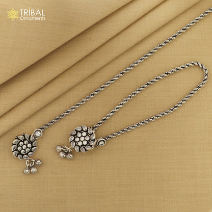 Sterling silver flower design anklet with stones, tribal ornaments 10.5-inch foot bracelet jewelry for women