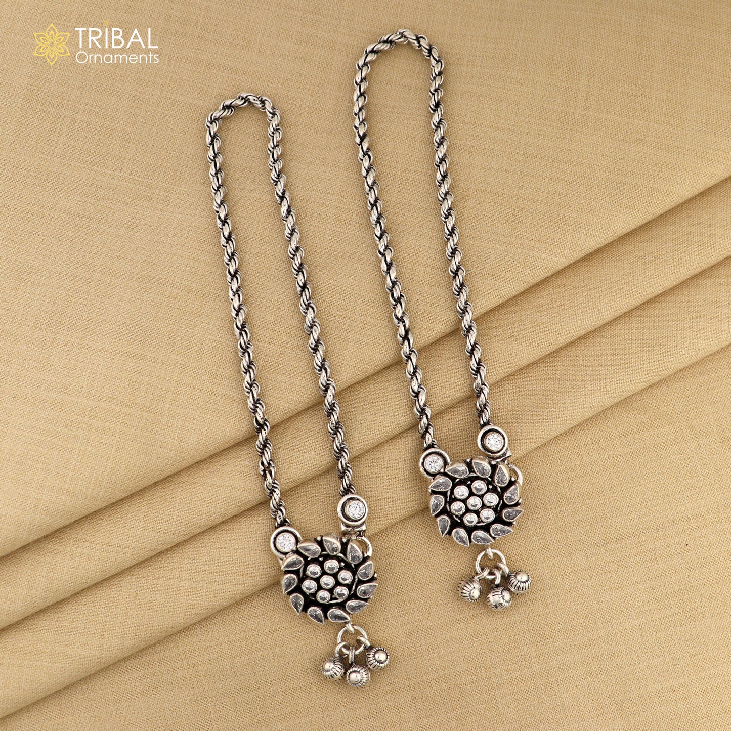 10.5 " 925 sterling silver flower design stone anklets foot bracelet ,ankle bracelet jewelry ank677 - TRIBAL ORNAMENTS