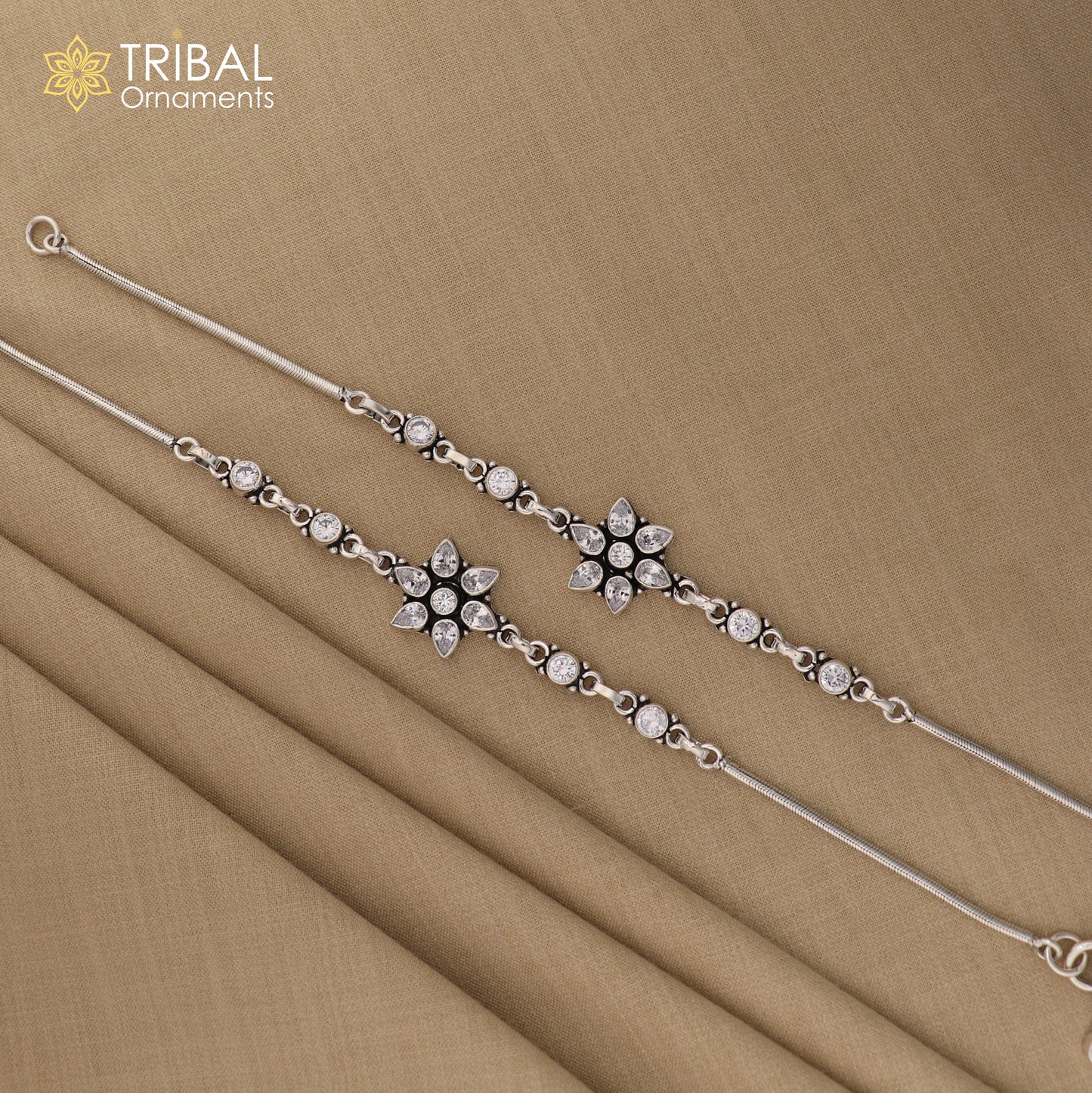 10.5 " 925 sterling silver flower design white stone anklets foot bracelet ,ankle bracelet jewelry ank684 - TRIBAL ORNAMENTS