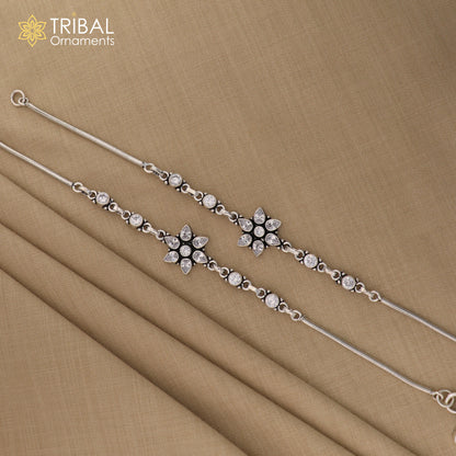 Sterling silver flower design anklet with white stones, tribal ornaments foot bracelet, 10.5 inches, jewelry for ankles.