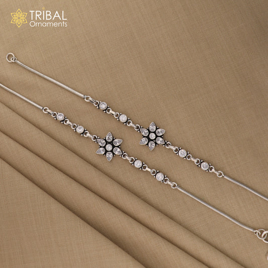 10.5 " 925 sterling silver flower design white stone anklets foot bracelet ,ankle bracelet jewelry ank684 - TRIBAL ORNAMENTS