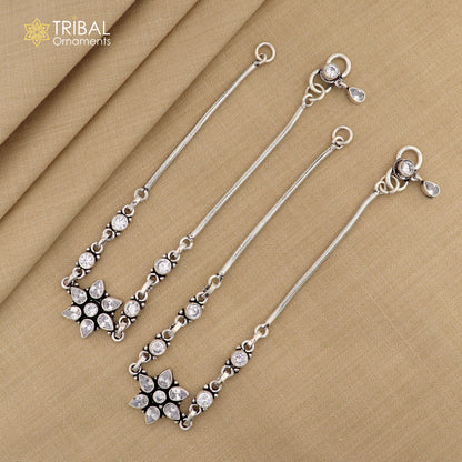Sterling silver flower design anklet with white stone accents, TRIBAL ORNAMENTS 10.5-inch foot bracelet jewelry.