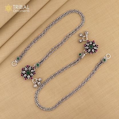 Sterling silver multi-color stone anklet from Tribal Ornaments, 10.5-inch foot bracelet with colorful gemstone accents.