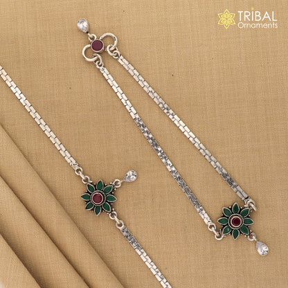 Sterling silver anklet with colorful stones, stylish design, and intricate tribal-inspired jewelry for the ankle.