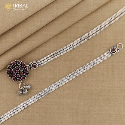 Sterling silver pink stone chain anklet from TRIBAL ORNAMENTS, featuring a delicate foot bracelet with pink gemstone accents.
