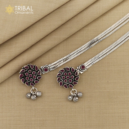 Sterling silver pink stone chain anklet with intricate design, 10.5-inch foot bracelet by TRIBAL ORNAMENTS.