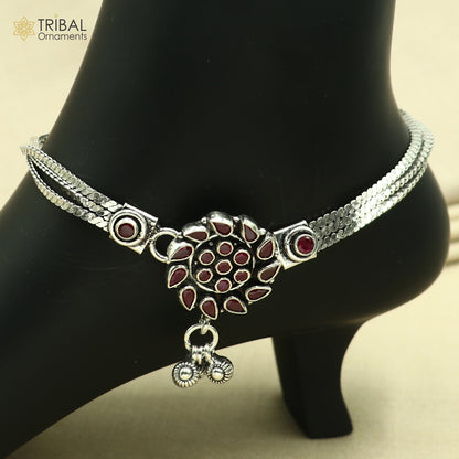 Sterling silver pink stone chain anklet from Tribal Ornaments, 10.5-inch foot bracelet with intricate design and pink gemstone accents.