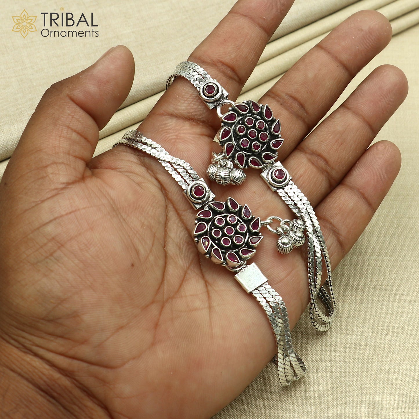 10.5" 925 sterling silver pink stone chain anklets foot bracelet ank719 - TRIBAL ORNAMENTS