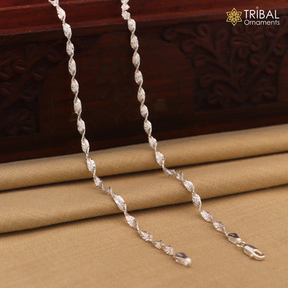 Sterling silver 10.5-inch twisting chain anklet bracelet by TRIBAL ORNAMENTS, lightweight ankle jewelry with intricate design