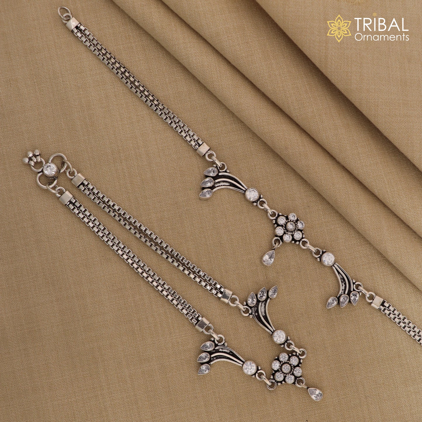 10.5" 925 sterling silver unique design white stone anklets foot bracelet ,ankle bracelet jewelry ank695 - TRIBAL ORNAMENTS