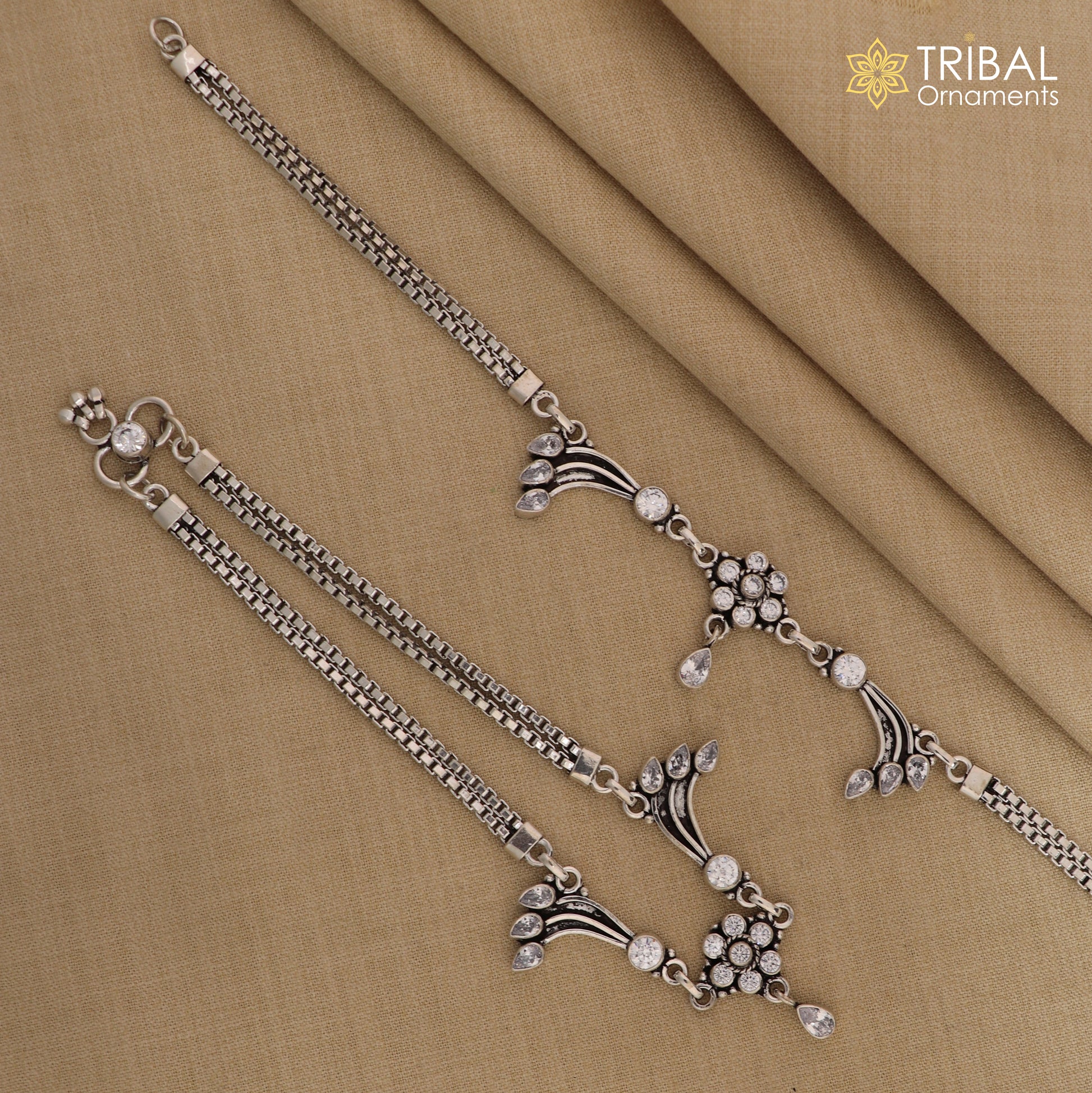 10.5" 925 sterling silver unique design white stone anklets foot bracelet ,ankle bracelet jewelry ank695 - TRIBAL ORNAMENTS