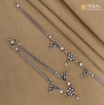 Sterling silver white stone anklet with unique design, 10.5-inch foot bracelet jewelry from Tribal Ornaments.