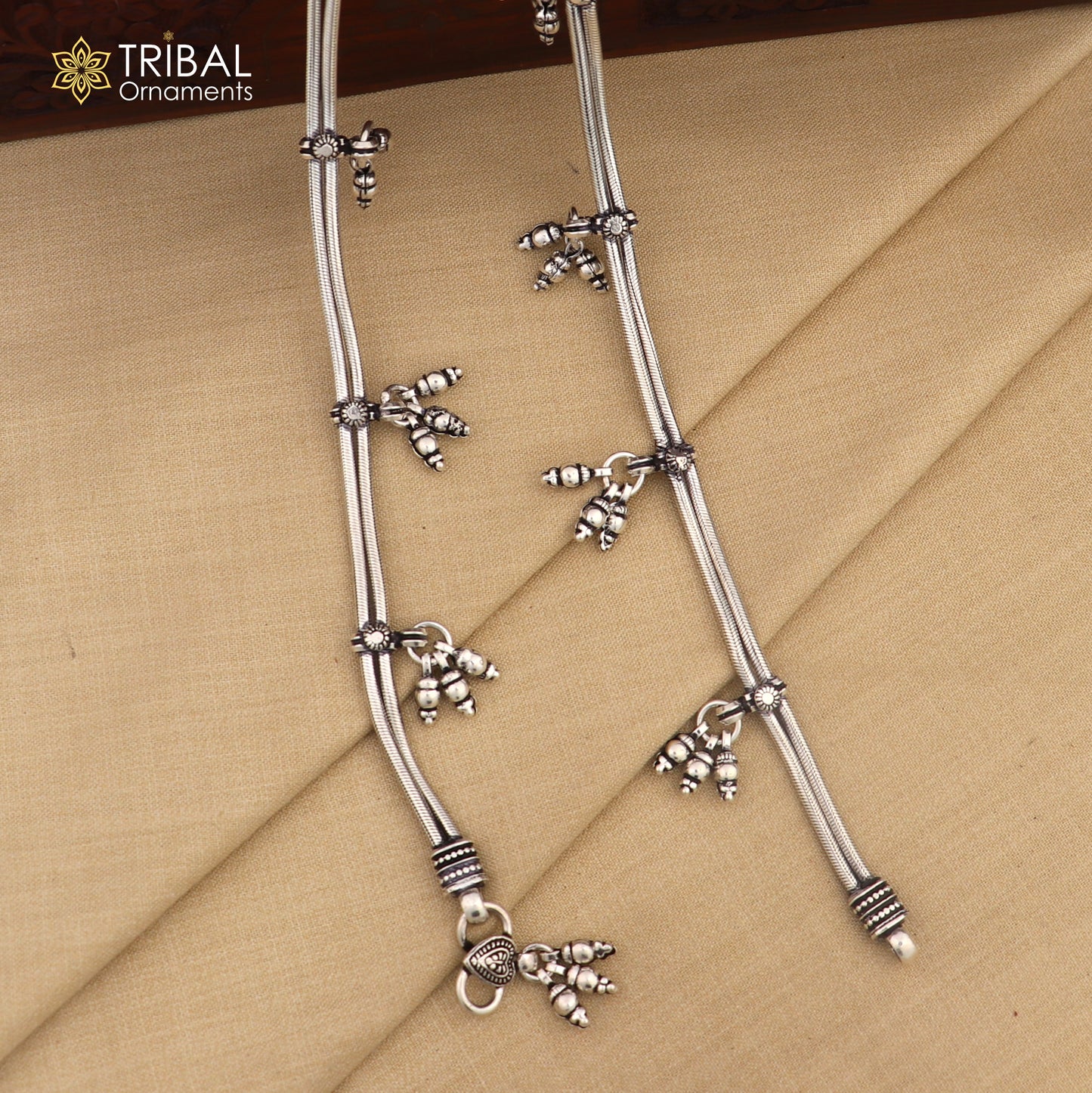10.5" 925 Sterling silver Vintage style snake chain ankle foot bracelet with hanging bells jewelry ank333 - TRIBAL ORNAMENTS
