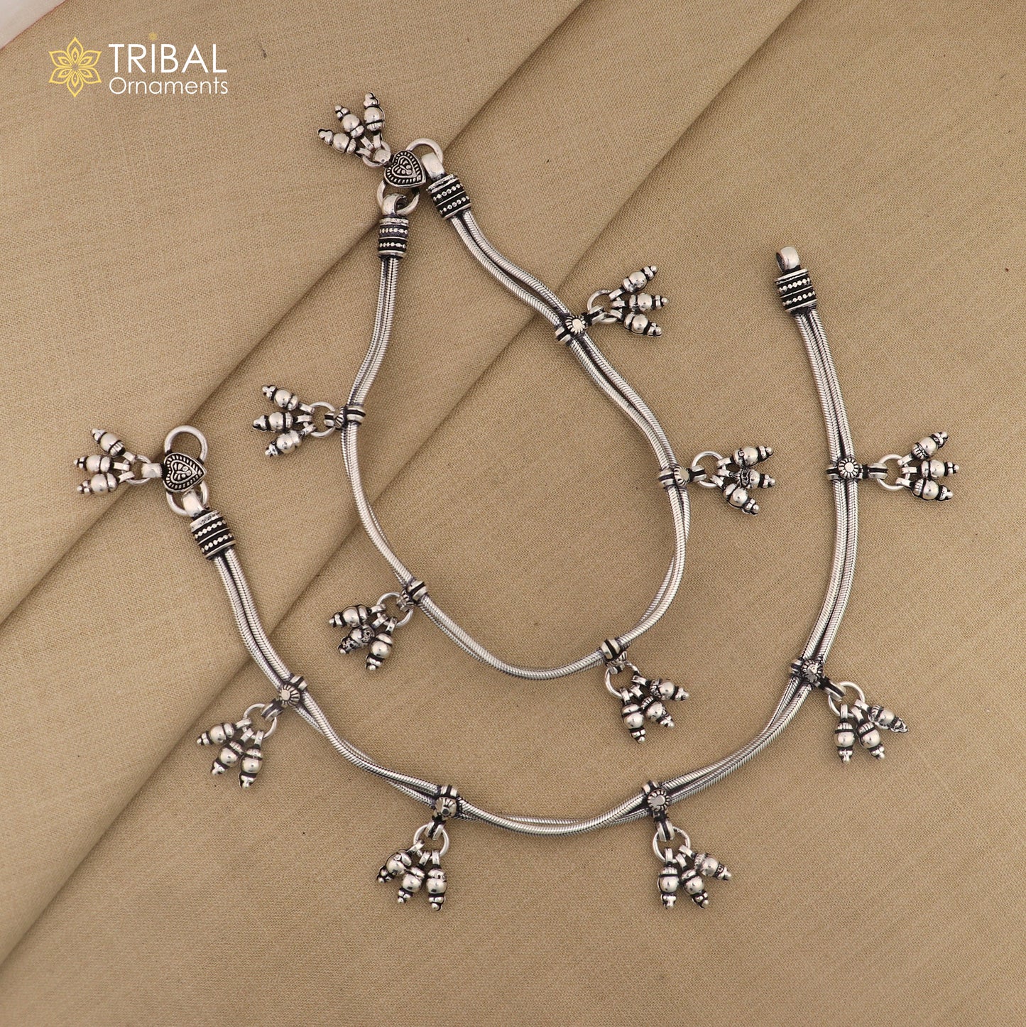 10.5" 925 Sterling silver Vintage style snake chain ankle foot bracelet with hanging bells jewelry ank333 - TRIBAL ORNAMENTS