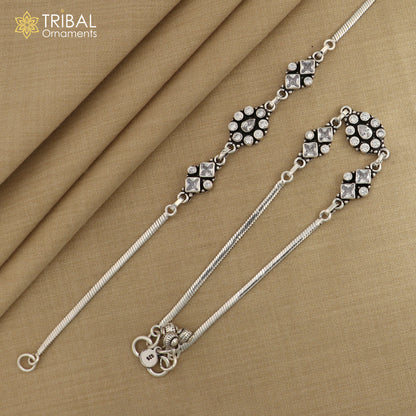 Sterling silver white stone anklet bracelet with intricate tribal design, 10.5 inches, from TRIBAL ORNAMENTS.