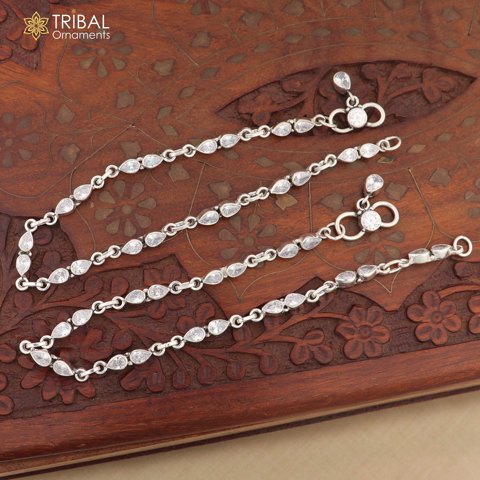 10.5" 925 sterling silver white stone anklets foot bracelet ank724 - TRIBAL ORNAMENTS