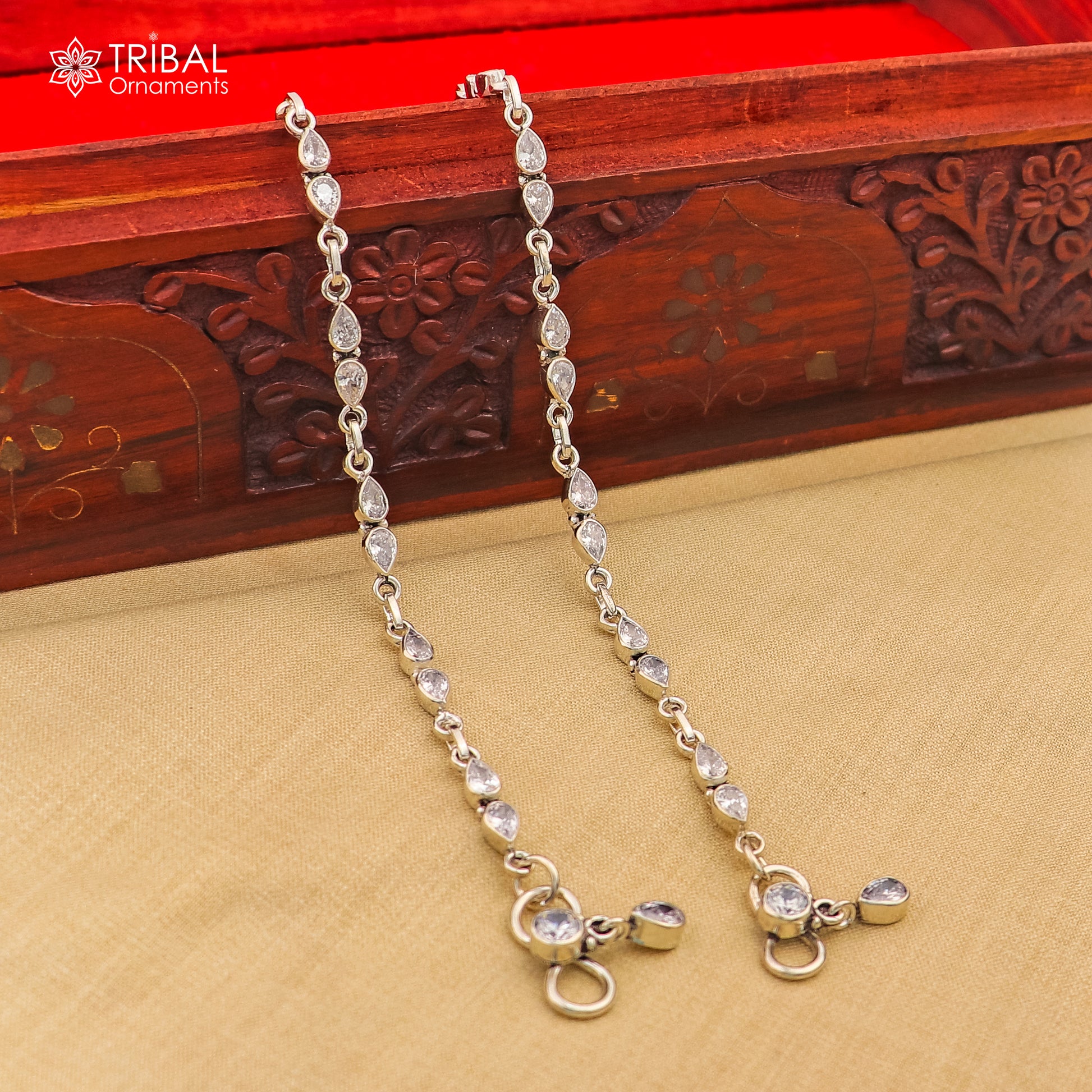 10.5" 925 sterling silver white stone anklets foot bracelet ank724 - TRIBAL ORNAMENTS