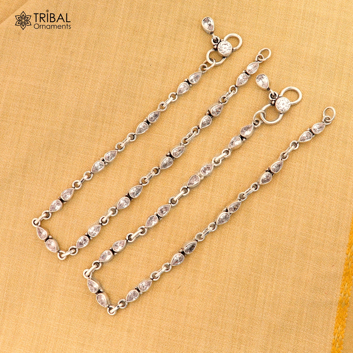 10.5" 925 sterling silver white stone anklets foot bracelet ank724 - TRIBAL ORNAMENTS