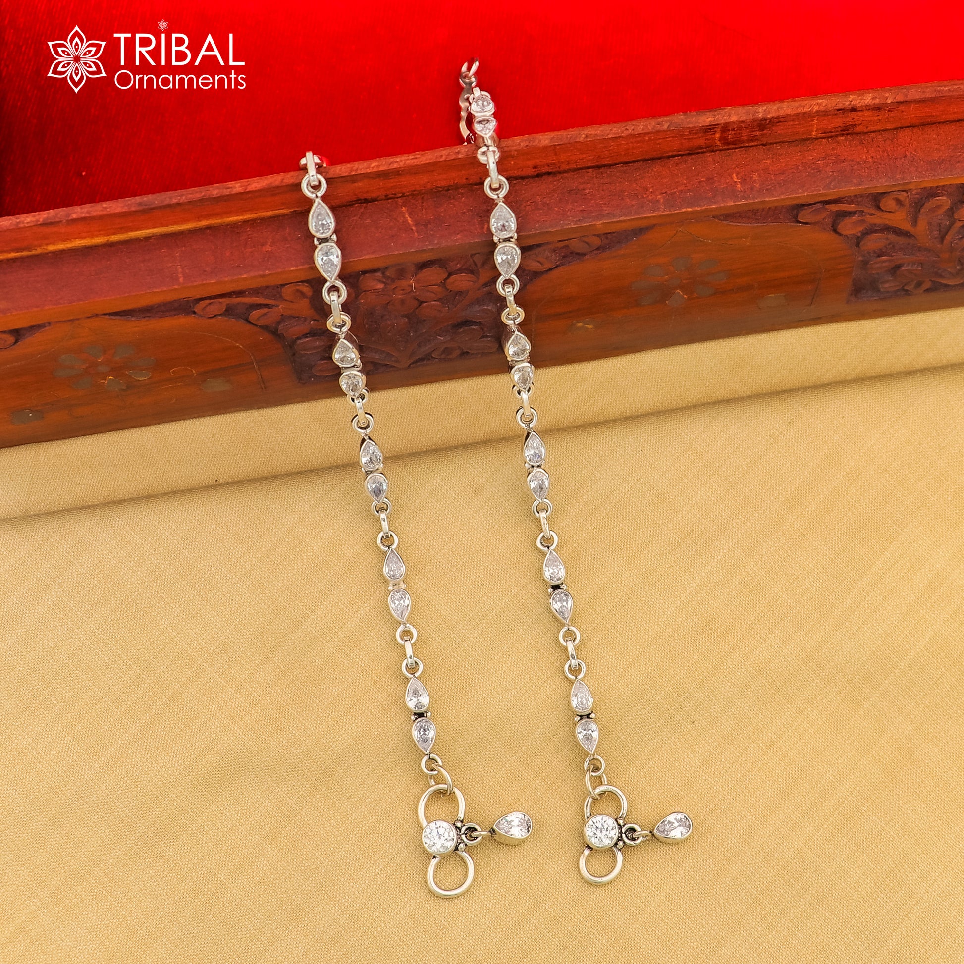 10.5" 925 sterling silver white stone anklets foot bracelet ank724 - TRIBAL ORNAMENTS