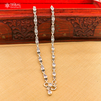 Sterling silver anklet with white stone accents, 10.5-inch foot bracelet from Tribal Ornaments featuring intricate design.