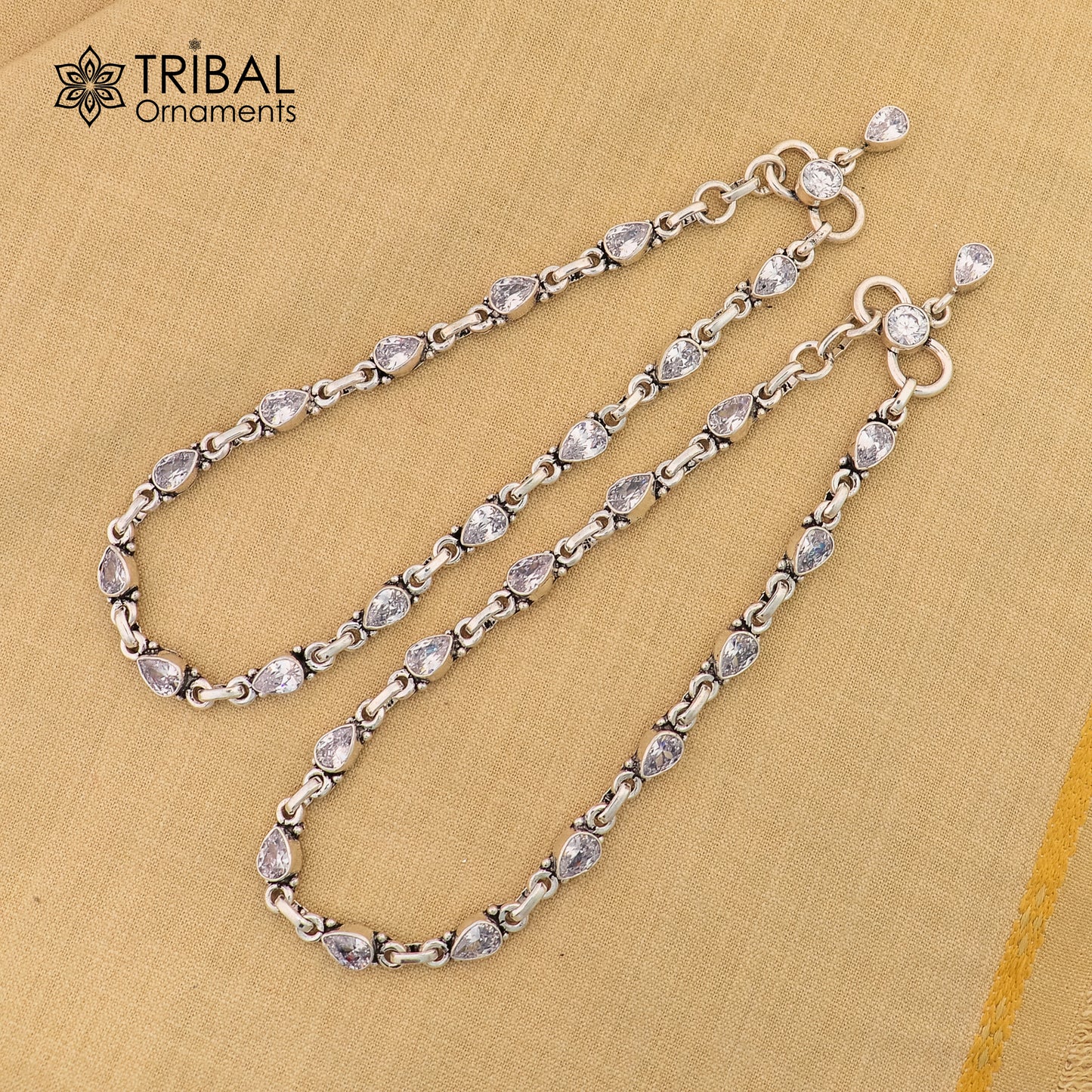 10.5" 925 sterling silver white stone  anklets foot bracelet ank728 - TRIBAL ORNAMENTS