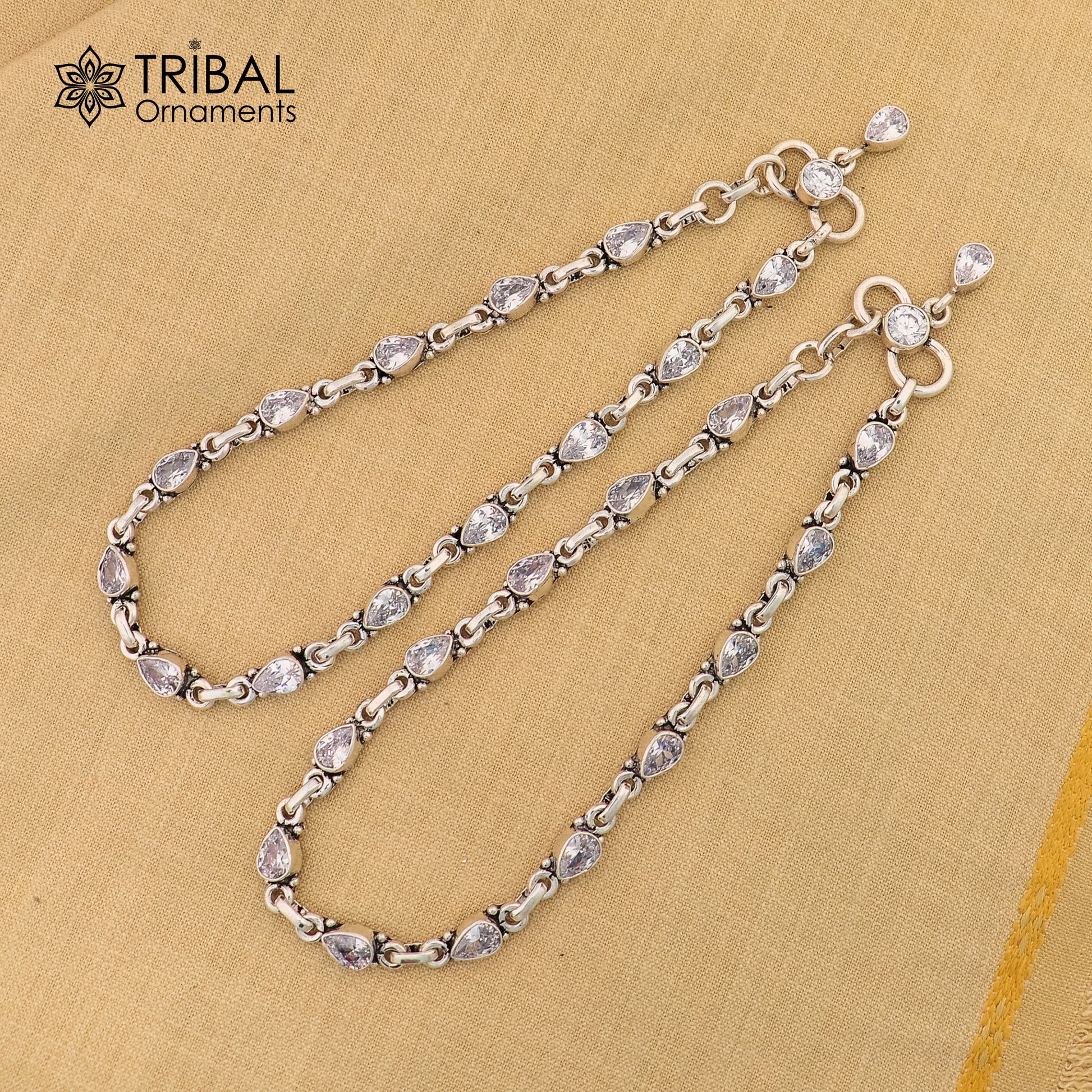 10.5" 925 sterling silver white stone  anklets foot bracelet ank728 - TRIBAL ORNAMENTS
