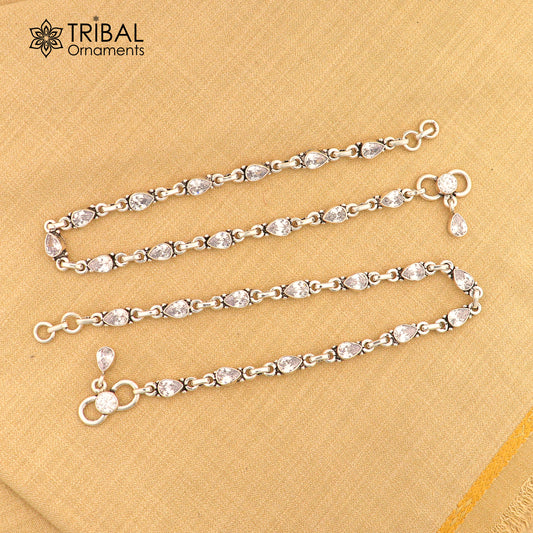 10.5" 925 sterling silver white stone  anklets foot bracelet ank728 - TRIBAL ORNAMENTS