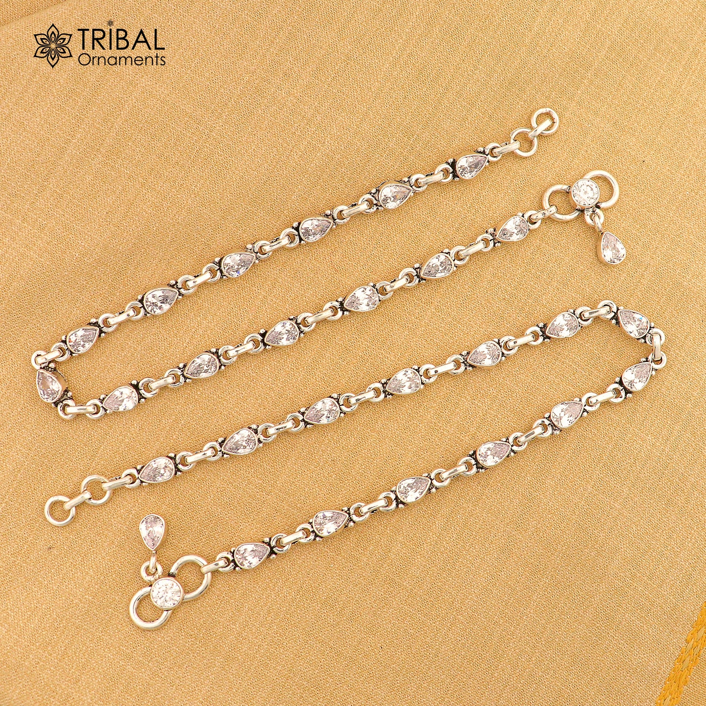 10.5" 925 sterling silver white stone  anklets foot bracelet ank728 - TRIBAL ORNAMENTS