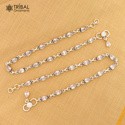 Sterling silver 10.5-inch anklet with white stone accents from TRIBAL ORNAMENTS, designed as a stylish foot bracelet.
