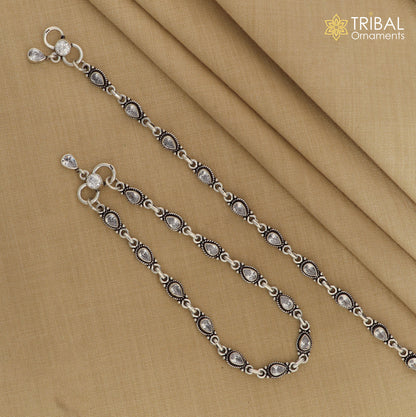 Sterling silver white stone anklet by Tribal Ornaments, 10.5 inches ankle bracelet with delicate design and shiny stones.