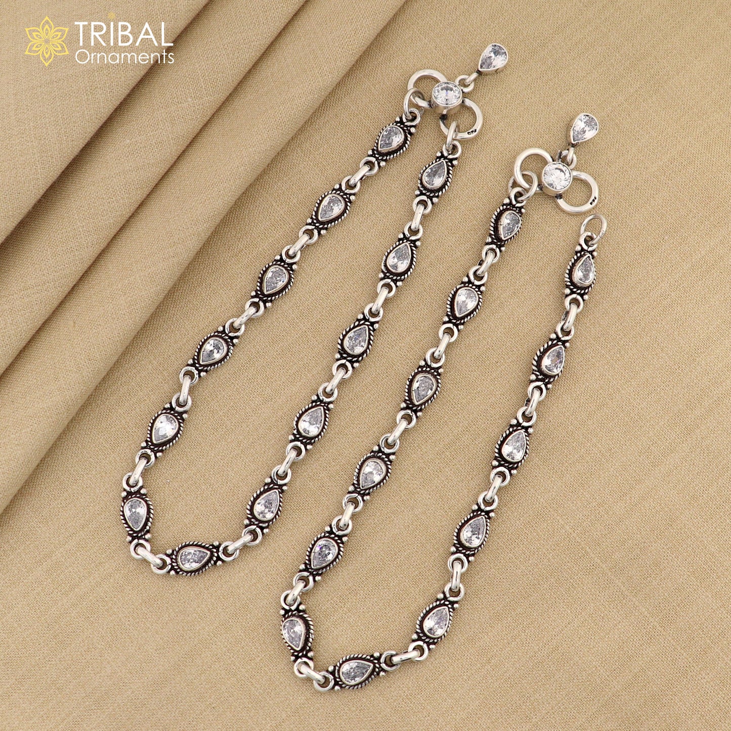 10.5 " 925 sterling silver white stone anklets foot bracelet ,ankle bracelet jewelry ank680 - TRIBAL ORNAMENTS