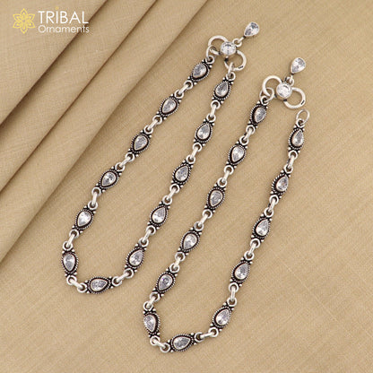 Sterling silver ankle bracelet with white stone accents, tribal ornaments 10.5-inch foot jewelry anklet for women