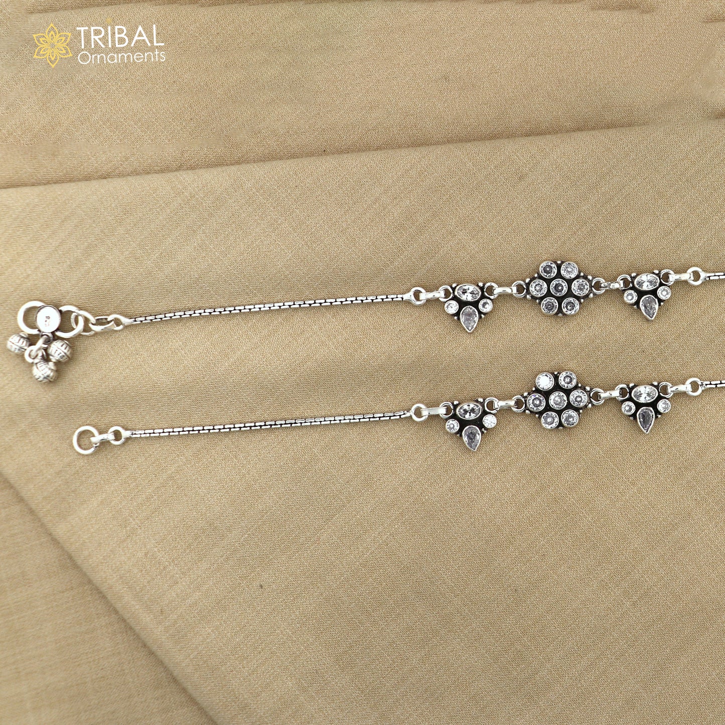 10.5" 925 sterling silver white stone chain anklets foot bracelet ank729 - TRIBAL ORNAMENTS