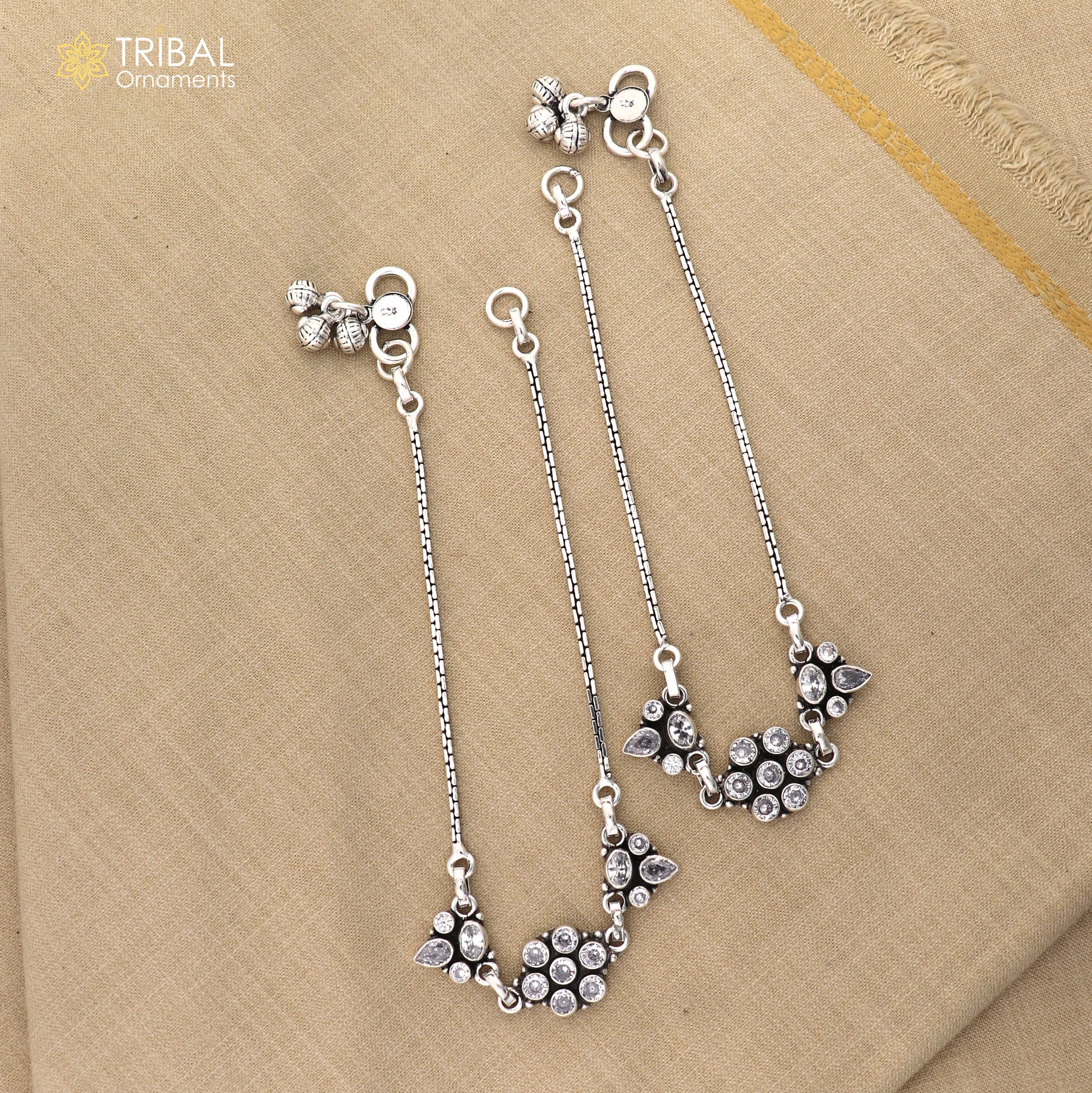10.5" 925 sterling silver white stone chain anklets foot bracelet ank729 - TRIBAL ORNAMENTS