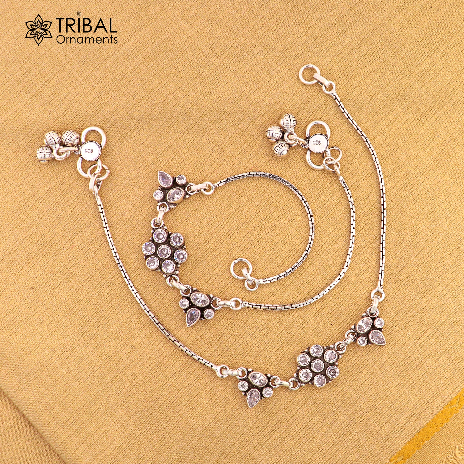 10.5" 925 sterling silver white stone chain anklets foot bracelet ank729 - TRIBAL ORNAMENTS